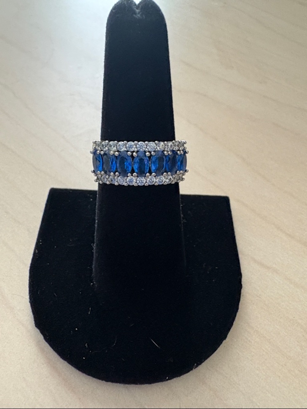 Blue Crystal Band Ring with Silver Accents - Women Jewelry